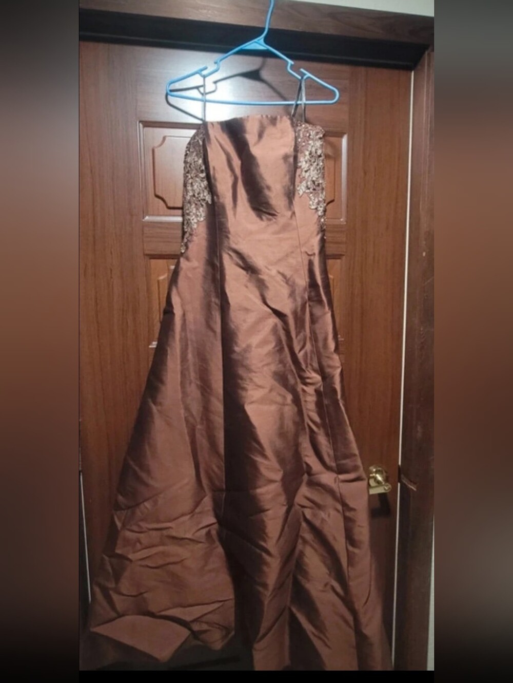Elegant Strapless Brown Prom Gown with Embroidered Bodice